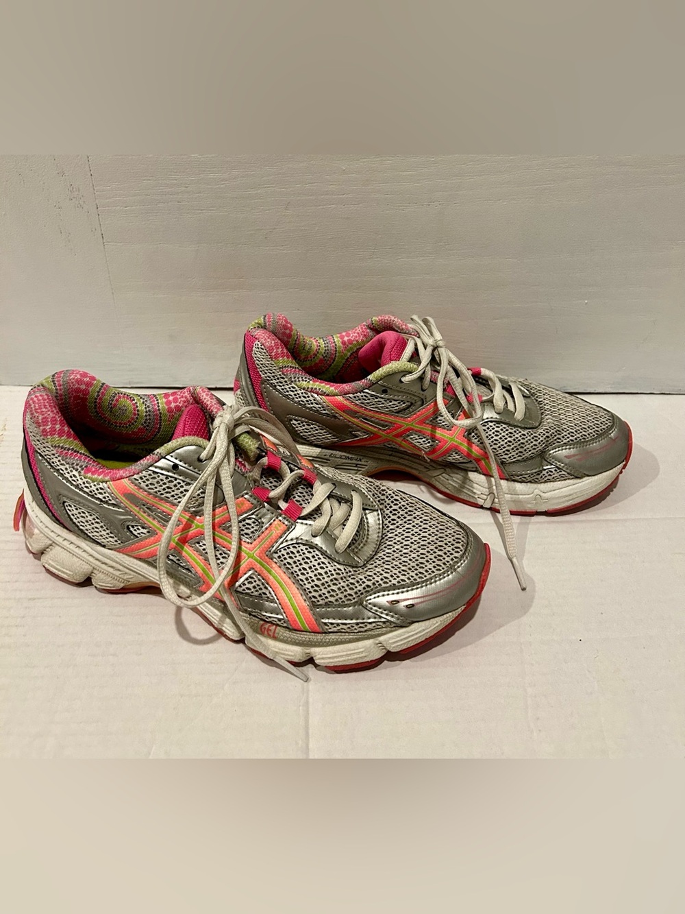 ASICS Women's Silver Running Shoes with Pink and Neon Green Accents - Picture 2 of 5